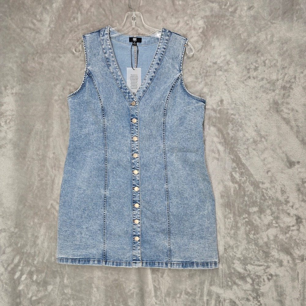 Frye Denim Dress Women XL Blue Acid Wash Button Front Sleeveless V-Neck Stretch